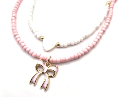 Ketting Meisje- Meisjesketting Strikje en Hartje- 2 stuks- Kralenketting Goudkleurig- Ibiza- Kind- LiLaLove