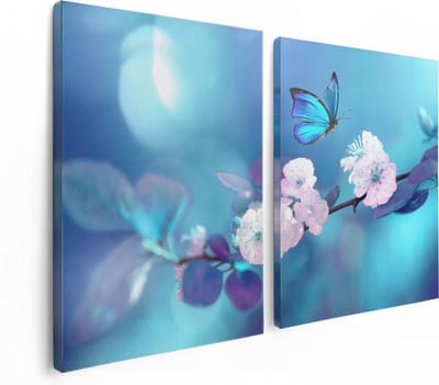 Artaza Canvas Schilderij Tweeluik Blauwe Vlinder Bij Een Roze Bloem  - 120x80 - Foto Op Canvas - Canvas Print