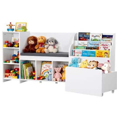 VEVOR Kinderplank met bankje, rugleuning, boekenplank en speelgoedorganizer, speelgoedkist/opbergkast voor speelkamer, woonkamer of hal, 170 x 40 x 80 cm, wit