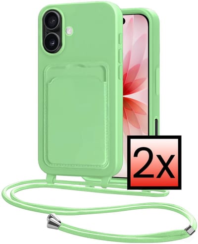 Hoes Geschikt voor iPhone 17 Hoesje Pasjeshouder Cover Met Koord Case Siliconen Hoes Met Telefoonkoord en Kaarthouder - Groen - 2 PACK