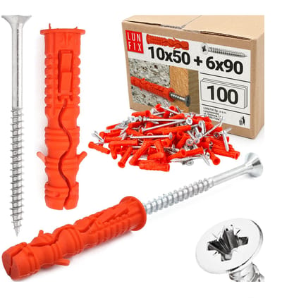 LUN FIX - Dübel Set 10x50 mm + schroeven 6x90 mm - 100 stuks - slagpluggen & universele pluggen - beton, baksteen, holle blokken