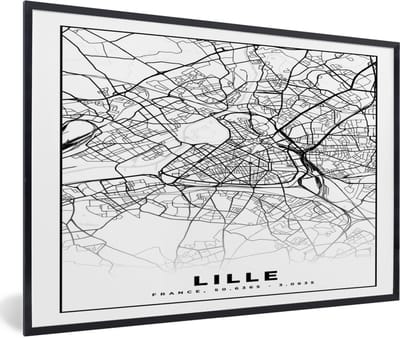 Fotolijst incl. Poster Zwart Wit- Plattegrond - Lille - Kaart - Frankrijk - Stadskaart - Zwart wit - 60x40 cm - Posterlijst