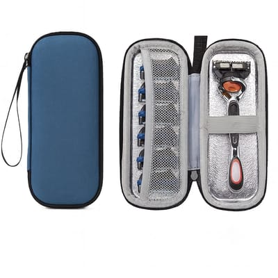 Vintage-Style EVA Harde Scheeropbergdoos – Luxe & Draagbare Reisorganizer voor Scheerapparaten en Grooming Essentials | 17.5 × 6.3 × 3.5 cm – EVA | Met Ritssluiting – Blauw