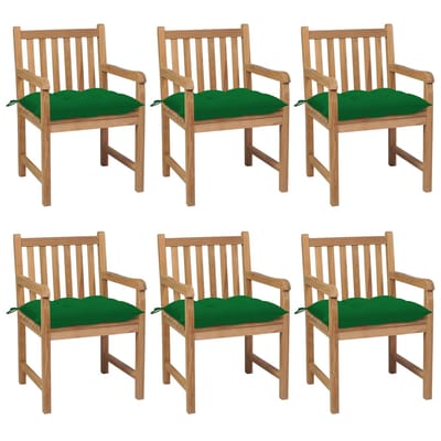 vidaXL - Tuinstoelen - 6 - st - met - groene - kussens - massief - teakhout