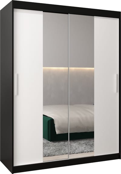 InspireMe - Kledingkast met 2 schuifdeuren, Modern-stijl, Kledingkast met planken (BxHxD): 150x200x62 - TORM I 150 Zwart Mat + Wit Mat