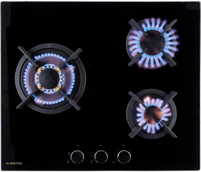 Klarstein Gaskookplaat Goldflame 3 - 3-pits - autark - 60 cm (B) - Inbouw - Brander - Aardgas/Propaangas - Veiligheidsventiel - Bescherming vlamuitval - Gietijzeren pannendrager - Glaskeramiek - Zwart,2 kW 50 cm - Gas Hob