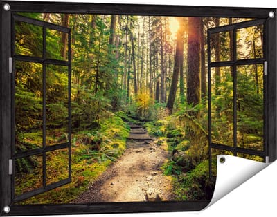 Gards Tuinposter Doorkijk Voetpad in het Bos - 90x60 cm - Tuindoek - Tuindecoratie - Wanddecoratie buiten - Tuinschilderij