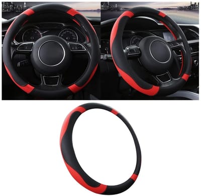 Dailygoods- Stuurhoes Antislip - Ademend Microvezelleer - Auto Accessoire - Universeel voor O-vormig Stuurwiel - Zwart/Rood - 37,5 cm Buitendiameter - Stuurwielhoes