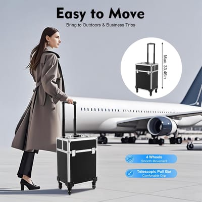 RFWR® Kleine Professionele Cosmeticakoffer met Wieltjes - Trolley voor Make-up en Nagels - Zwart