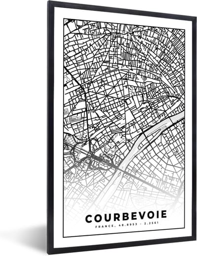 Fotolijst incl. Poster Zwart Wit- Kaart - Stadskaart - Frankrijk - Courbevoie - Plattegrond - Zwart wit - 40x60 cm - Posterlijst