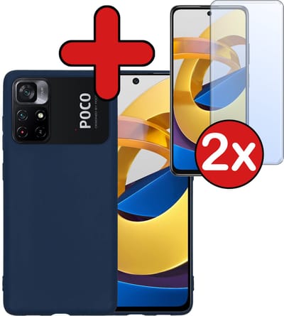 Hoesje - Met 2x Screenprotector - Geschikt voor Xiaomi Poco M4 Pro 5G - Sterk & Shockproof - Telefoon Hoes - Back Cover - Siliconen Case - Telefoonhoes - Donkerblauw