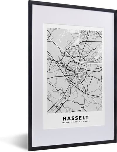 Fotolijst incl. Poster Zwart Wit- Plattegrond – Hasselt – Zwart Wit – Stadskaart - Kaart - 40x60 cm - Posterlijst