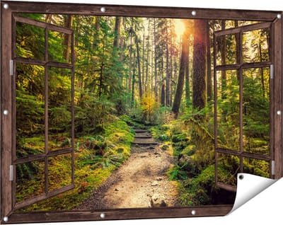 Gards Tuinposter Doorkijk Voetpad in het Bos - 120x80 cm - Tuindoek - Tuindecoratie - Wanddecoratie buiten - Tuinschilderij