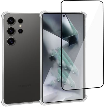 Geschikt voor Samsung Galaxy S24 Ultra - Hoesje + Screenprotector – Full Cover Gehard Glas + Shock Proof Case – Transparant