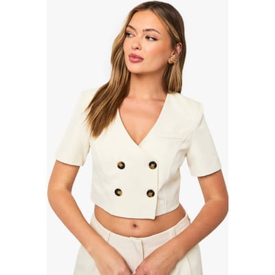 boohoo Dames Kraagloze cropped blazer met contrasterende knopen | Ivoor | Maat: 36