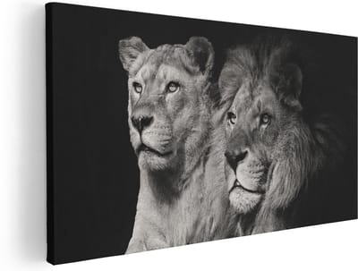 Artaza Canvas Schilderij Leeuw - 40x20 cm - Klein - Wanddecoratie Leeuw En Leeuwin - Muurdecoratie Zwart Wit - Schilderijen Op Canvas Dieren
