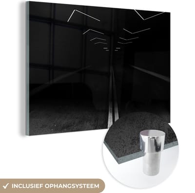 MuchoWow® Glasschilderij 150x100 cm - Schilderij acrylglas - Zwart - Wit - Weg - Tunnel - Foto op glas - Schilderijen