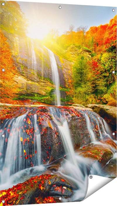 Gards Tuinposter Waterval in de Herfst Kleuren - 80x120 cm - Tuindoek - Tuindecoratie - Wanddecoratie buiten - Tuinschilderij