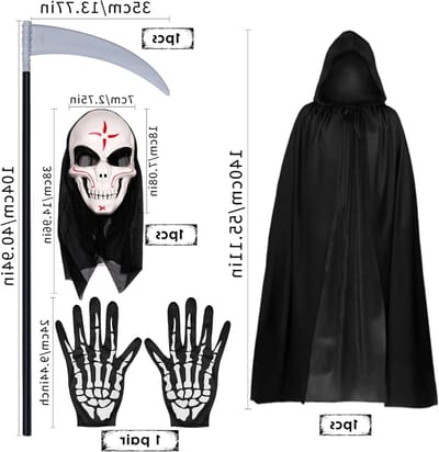Vampier Kostuum met Kap en Masker, 140 cm Lange Cape, Schedel Handschoenen en Doodschepper voor Halloween Feestdecoratie