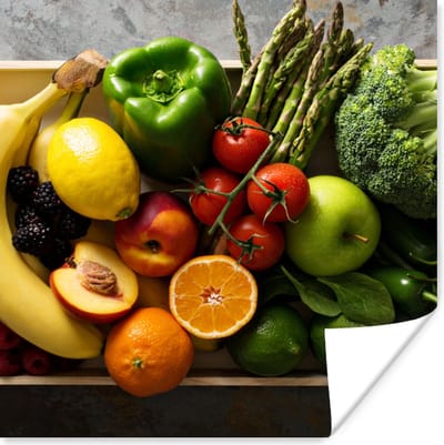 Poster Krat - Fruit - Regenboog - 100x100 cm XXL