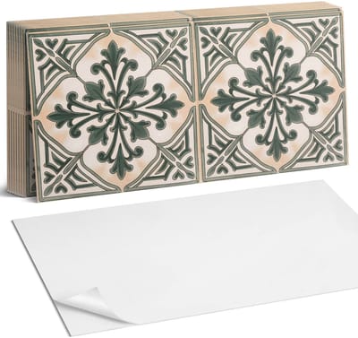 Coloray Plaktegels - Plantenpatroon in een vierkant Zelfklevende Wandtegels - 40 cm x 20 cm - Groente Plaktegels - 10 stuks - Rechthoek PVC Tegels - Plaktegels Badkamer - Vloertegels Zelfklevend - Vinyl Tegels - Portugese Tegels
