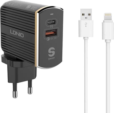 LDNIO A2502C QC3.0 USB + Type-C PD Oplader Inclusief Geschikt voor: Lightning oplaadkabel - Geschikt voor: Apple iPhone 14 / 13 / 12 / 11 / X / XS / XR / MAX / iPhone 8 / 8 Plus / iPhone SE / 5S /5 / iPhone 6S / 6 Plus / 7 / 7 Plus