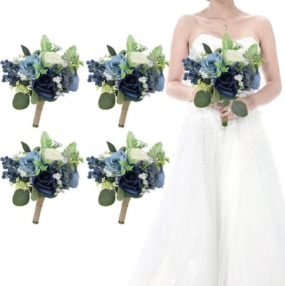 Bruidsmeisjes Boeketten Set - Bruiloft Bloemen - Bruiloft Decoratie - Set van 4 - 17.5cm - Blauw Wit