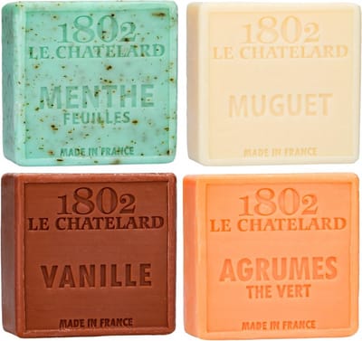 Set Marseille zeep 4 x 100 gram zonder palmolie in geuren menthol-lelietjes van dalen-vanille-citrus groene thee