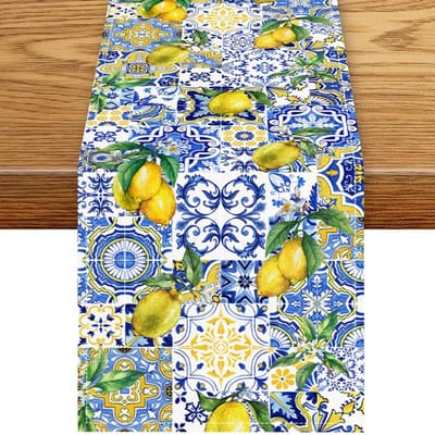 Zomer Citroenbloemen Blauwe Tegelprint Linnen Tafelkleed Huisdecoratie Mediterrane Stijl Keuken Eettafel Lopers Feestdecoratie 150x33cm