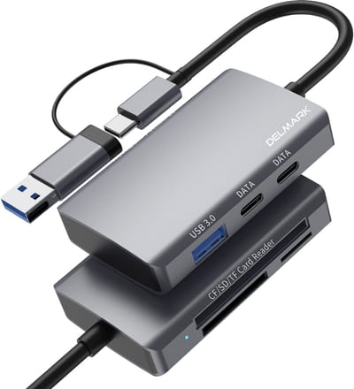 Delmark 6-in-1 HUB en Kaartlezer - USB-C & USB-A - Gelijktijdig CF/SD/MicroSD Lezen - 5Gbps USB 3.0 Docking Station - Aluminium