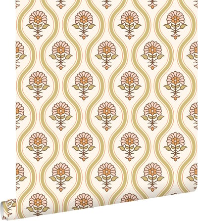 ESTAhome behang vintage bloemen groen, roze en oranje - 50 x 900 cm - 131741