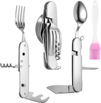 Bestekset, Roestvrijstalen Opvouwbaar Bestek, Opvouwbaar Campingbestek, Multifunctionele Bestekset met Mes, Vork en Olieborstel, voor Wandelen, Picknicks, Buitenactiviteiten, Barbecues
