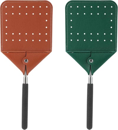 2st Telescopische Leren Vliegenmeppers, Telescopische Zware Vliegenmepper met Lange Steel Uitschuifbare Vliegenmepper voor Het Meppen Van Muggen Vliegen Binnen Buiten(Bruin, Donkergroen)