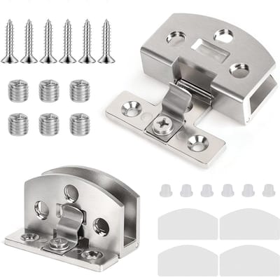 Hinges voor glazen deuren van 3 tot 7 mm dik, geborsteld oppervlak met schroeven en rubberen houders, ideaal voor moderne interieurs