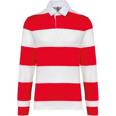 Gestreepte unisex polo lange mouwen merk Kariban maat 3XL Rood/Wit