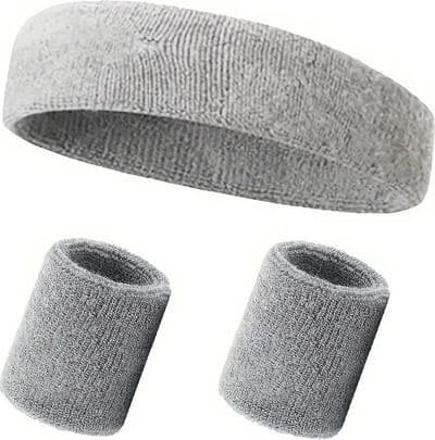 Zweetbandjes set - 3-delig - Sweatbands - Sportbandjes - 1x Hoofdband 2x polsbandjes - Headband - Wristbands - Badstof - Grijs - Jonyx