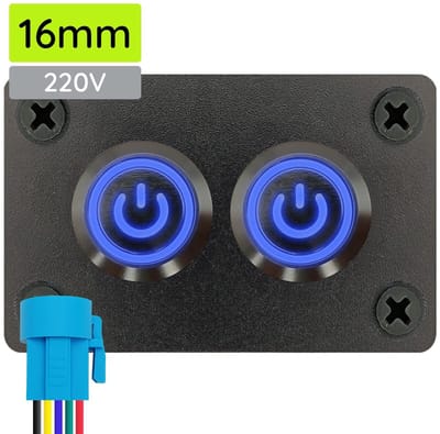 ProRide Metalen Pulsschakelaar 220V OFF-(ON) - Tweevoudig inbouwpaneel - 16mm - IP67 - LED indicatie Blauw