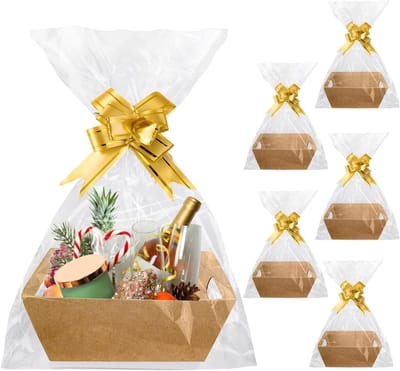 Set van 6 Lege Cadeaubaskets, Kartonnen Mand met Handvatten, Perfect voor Kerst en Feesten, Inclusief Strikknopen en Transparante Cadeauzakken