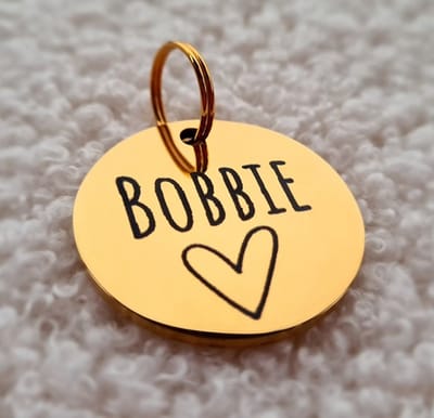 Dierenpenning rond klein | Goud | Roestvrij staal RVS | Diameter 2,5 cm | Inclusief naam en telefoonnummer graveren | Gegraveerde penning hond kat | Hondenpenning | Kattenpenning