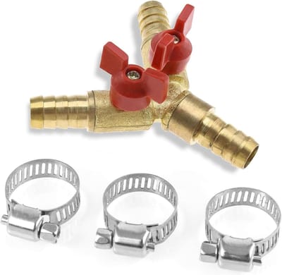 Y-vormige 3-weg Slangverbinder met Afsluitkleppen, 10 mm, Messing, Voor Water, Lucht en Gas, Inclusief Klemmen en Schakelaars, 1 Stuk