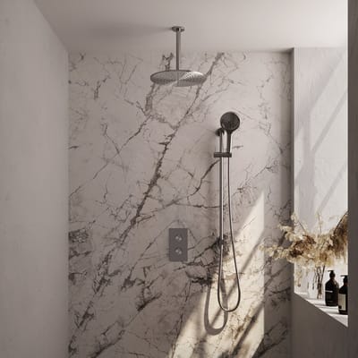 Brauer Brushed Edition thermostatische inbouw regendouche 3-weg omstelling SET 48 met 30 cm douchekop en plafondarm en 3-standen handdouche en doucheslang en geïntegreerde glijstang RVS geborsteld PVD