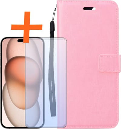 Hoes - Met Screenprotector - Geschikt voor Apple iPhone 15 - Luxe Pasjeshouder - Bookcase Portemonee - Flip Case - Kunstleer Book Case - Flipcase - Book Cover - Walletcase - PortemonneeHoes - Lichtroze