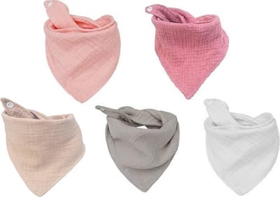 Set van 5 hydrofiele bandana slabbetjes – Effen roze, grijs en wit – 100% katoen