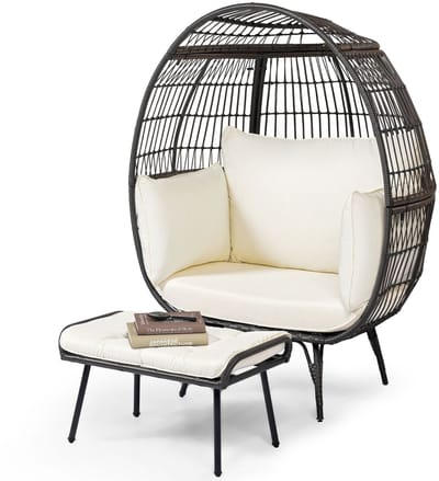COSTWAY Rieten stoel rotan met kruk, extra grote tuinstoel met kussen en metalen frame, rotan stoel XXL, loungestoel voor balkon, tuin, terras, woonkamer