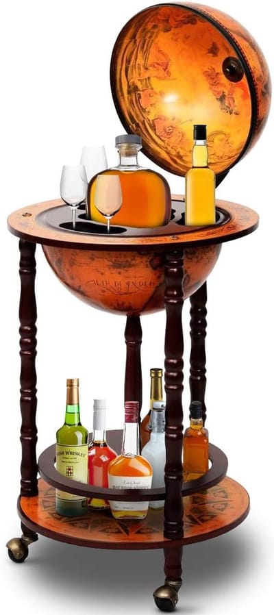KOMFOTTEU Globus Bar Serveerwagen, Minibar met Wielen, Wijnrek met Klassiek Design, Cocktailbar Barkas voor Wijn, Dranken (Bruin)
