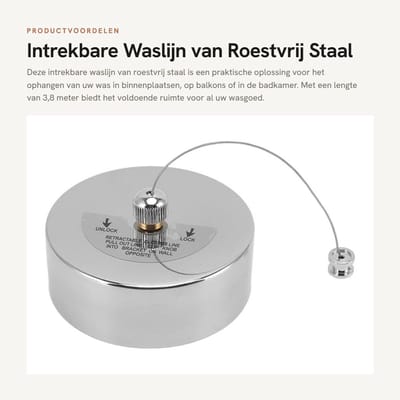 Dailygoods- Waslijn Zware Kwaliteit - Intrekbaar - Roestvrij Staal - Veiligheidsmechanisme - Voor Binnen/Buiten - 3,8 m Lengte - Kledingdrooglijn