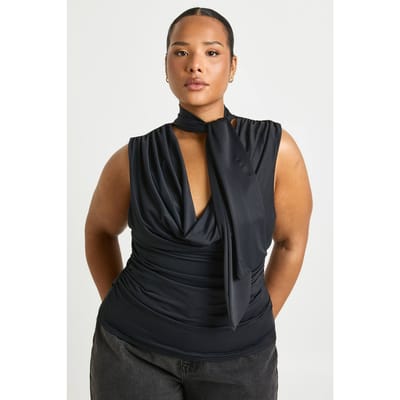 boohoo Dames Plus sjaal-wrap top met drapeerhals | Zwart | Maat: 44