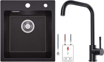 SOFETIY MAX Granieten Spoelbak 40x45CM - Spoelbakken Keuken Zwart - Enkele Spoelbakken Met Lagedruk keukenkraan - Spoelbakken Incl. Sifon en Afvoerzeefje