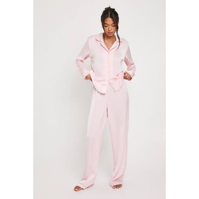 boohoo Dames Satijn pijpendetail lange mouw shirt & broek pyjama set | Baby Roze | Maat: 44