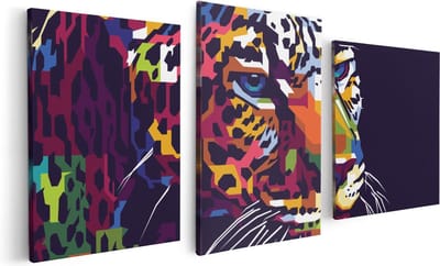Artaza Canvas Schilderij Drieluik Kleurrijke Luipaard - Abstract - 120x60 cm - Wanddecoratie Woonkamer - Schilderijen - Muurdecoratie